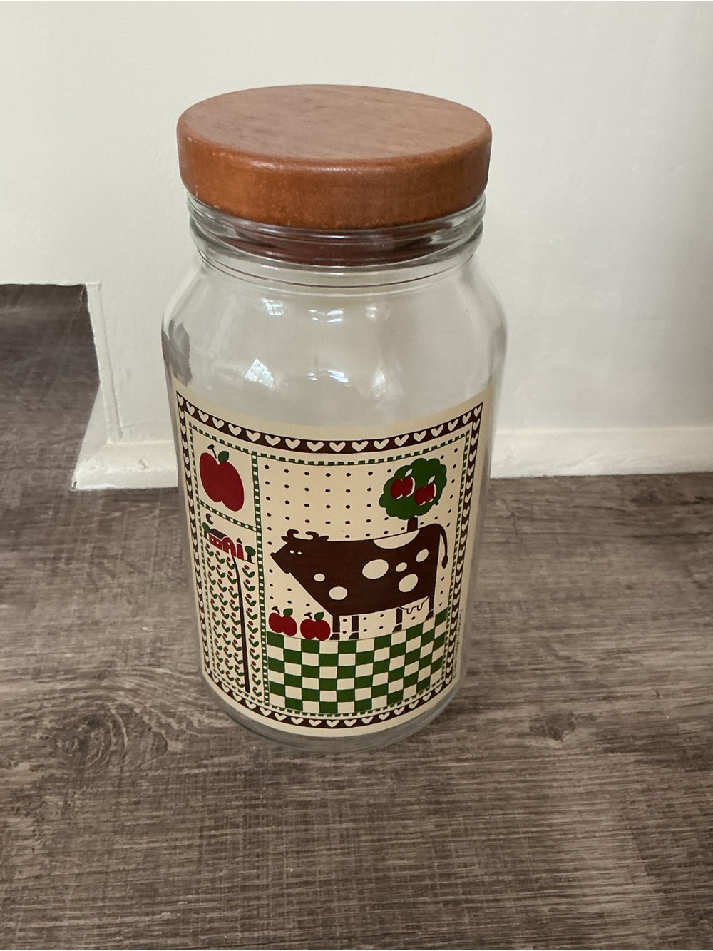 Vintage 1981 Cow Canister Rodger Johnson Glass Jar Wood Lid Farm Folk Art